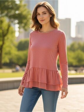 LOGO Lori Top Tunic Women S  Knit Long Sleeve Red Ruffle Pockets Cottagecore
